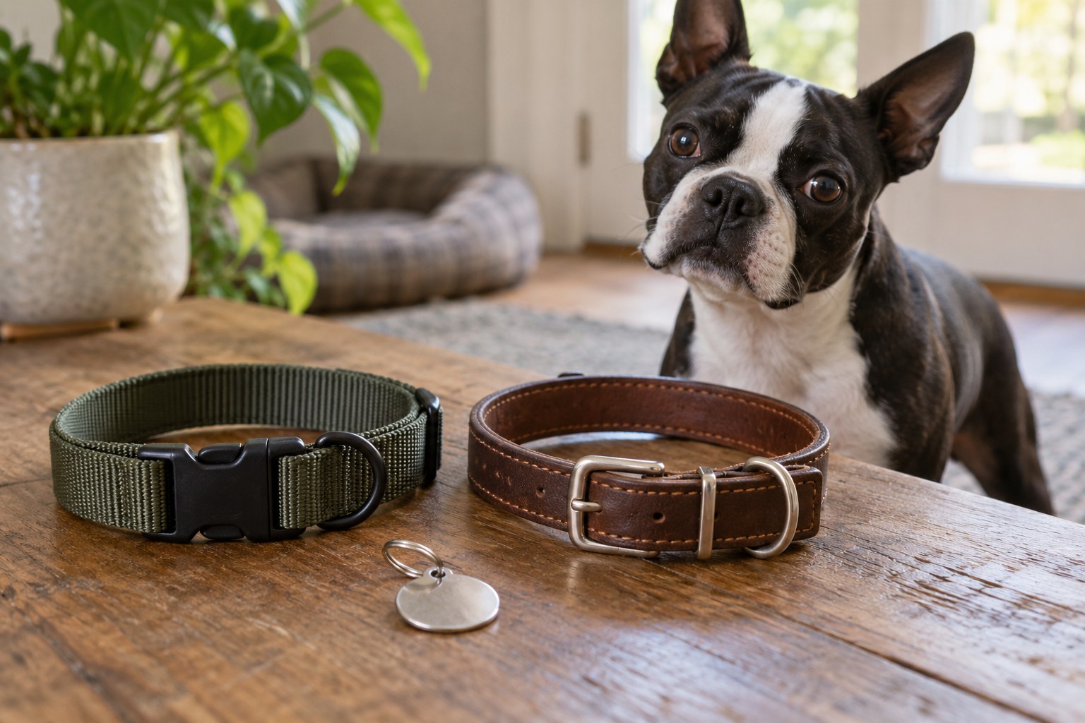 Close tabletop view of two plain dog collars with side-release and metal buckle fastenings and a blank metal identification tag attached to a separate ring.