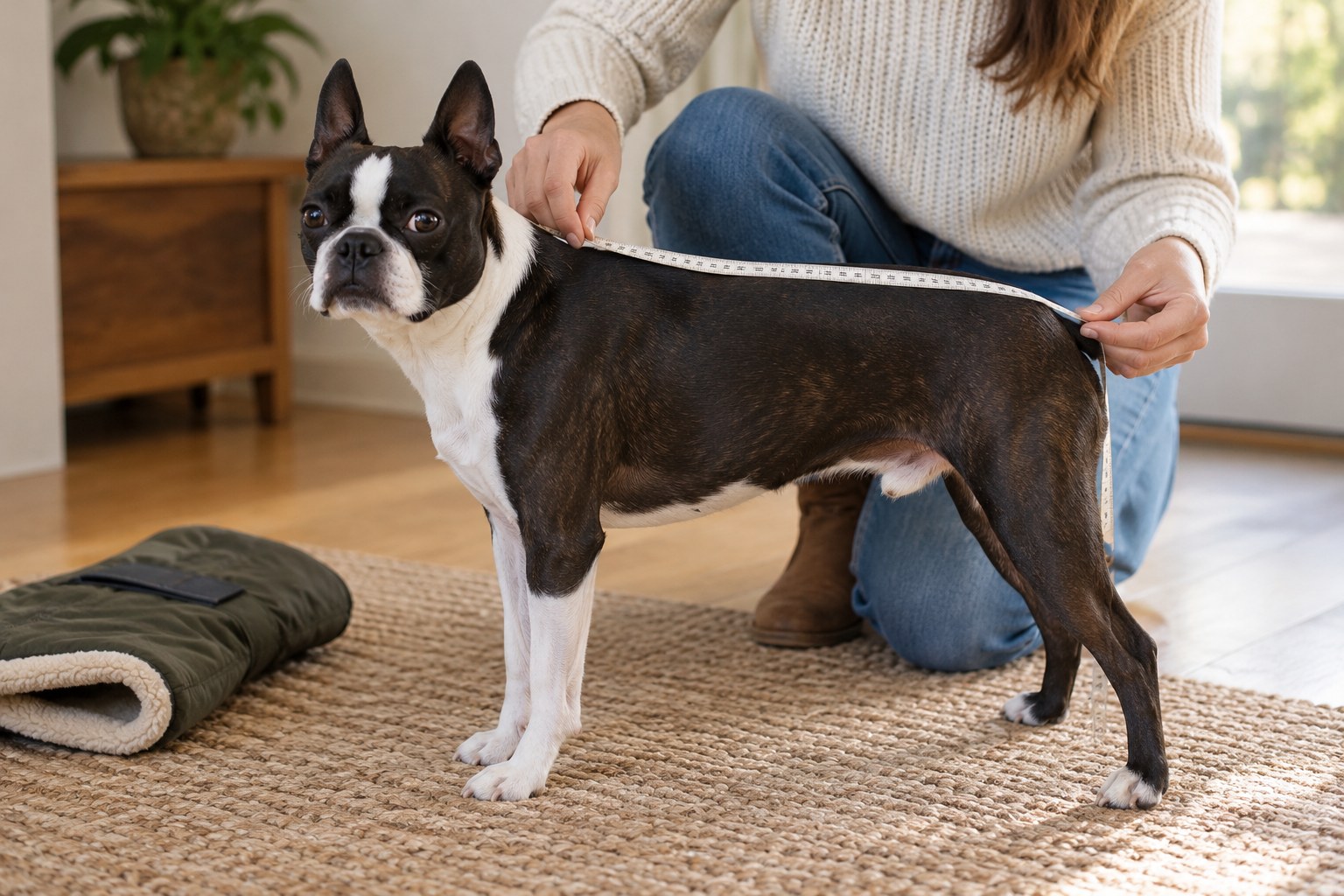 Owner measuring the back length of a standing Boston Terrier with a soft tape from the base of the neck to the tail base