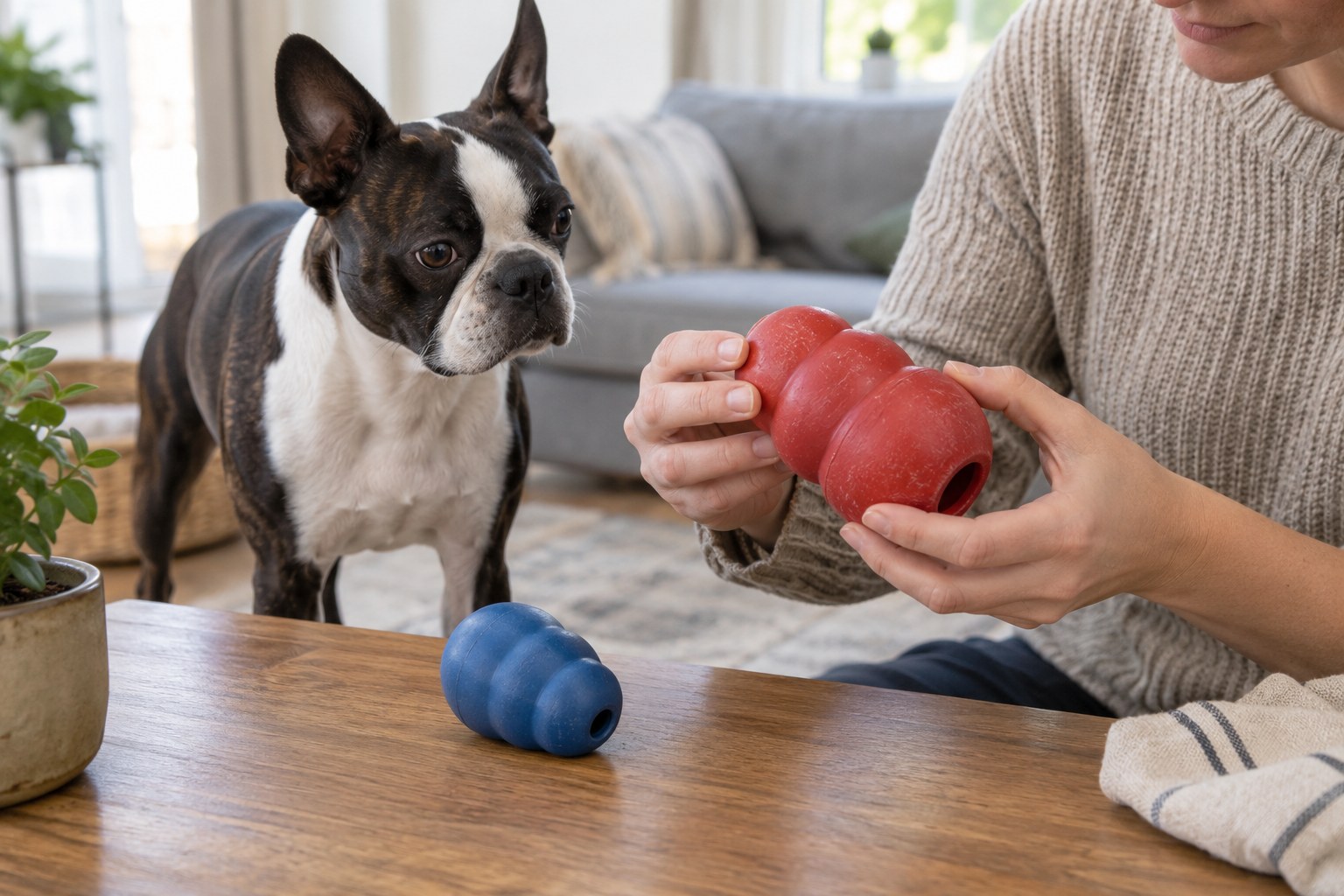 Hands inspecting a large plain rubber chew toy for cracks, with two differently sized chew toys on a tidy table.