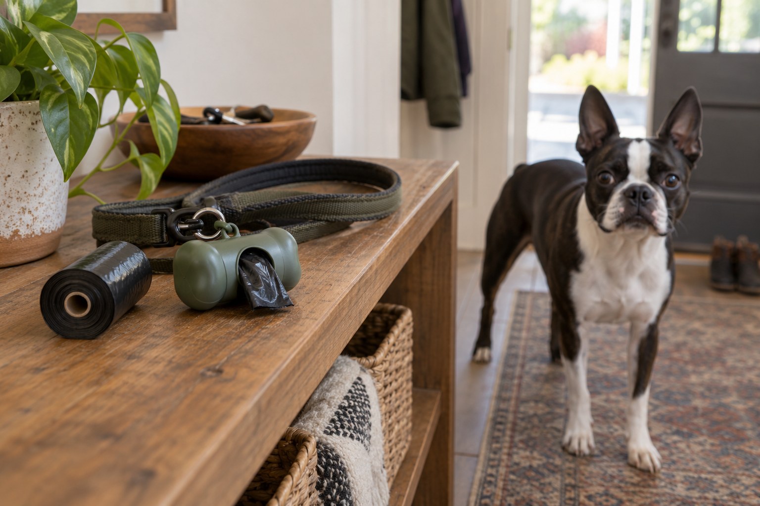 A roll of plain waste bags and bag dispenser clipped securely to a leash handle, on a hallway shelf ready for a walk.