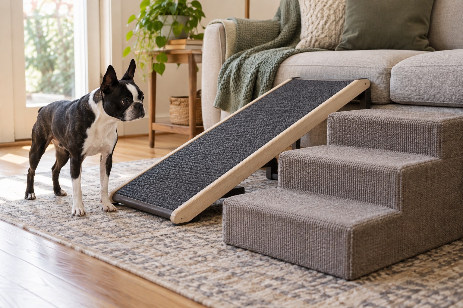 A sturdy nonslip pet ramp and broad low pet steps beside a low sofa, Boston Terrier on floor assessing them, clear household layout.