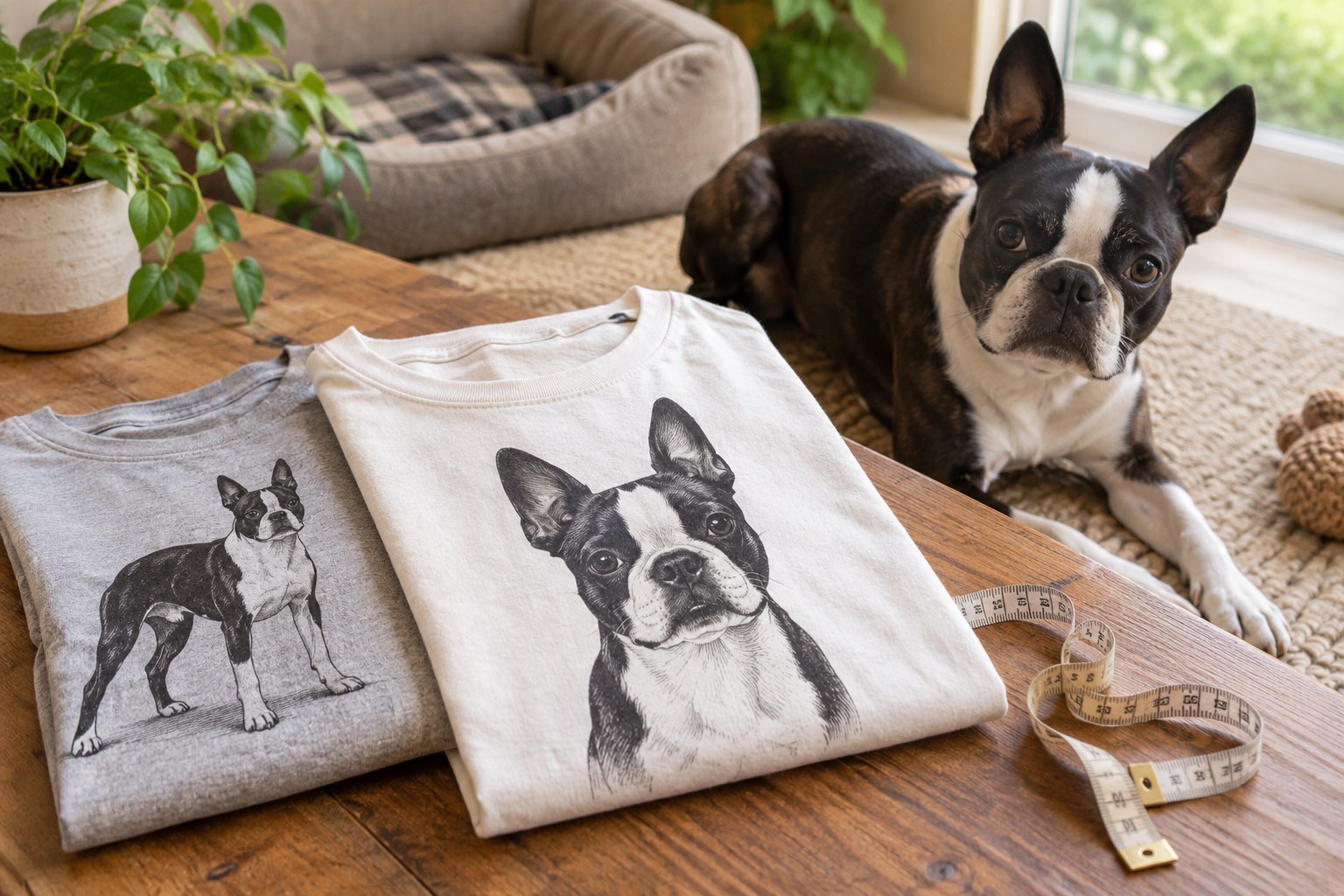 Two folded cotton T-shirts with original black-and-white Boston Terrier portrait illustrations and a soft clothing tape measure beside them.
