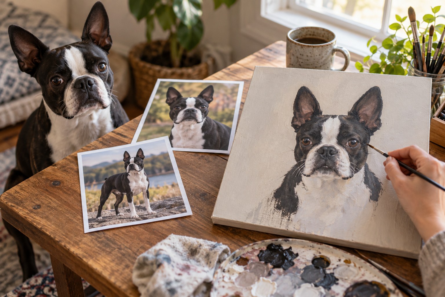 Artist desk with two original Boston Terrier reference photographs and a partly completed hand-painted portrait of the same black-and-white dog, no text.