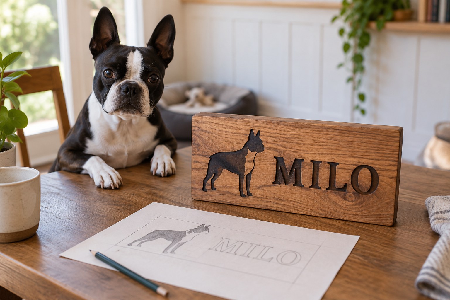 A wooden custom dog name sign with original Boston Terrier silhouette next to a paper design proof bearing only the clearly legible name MILO.