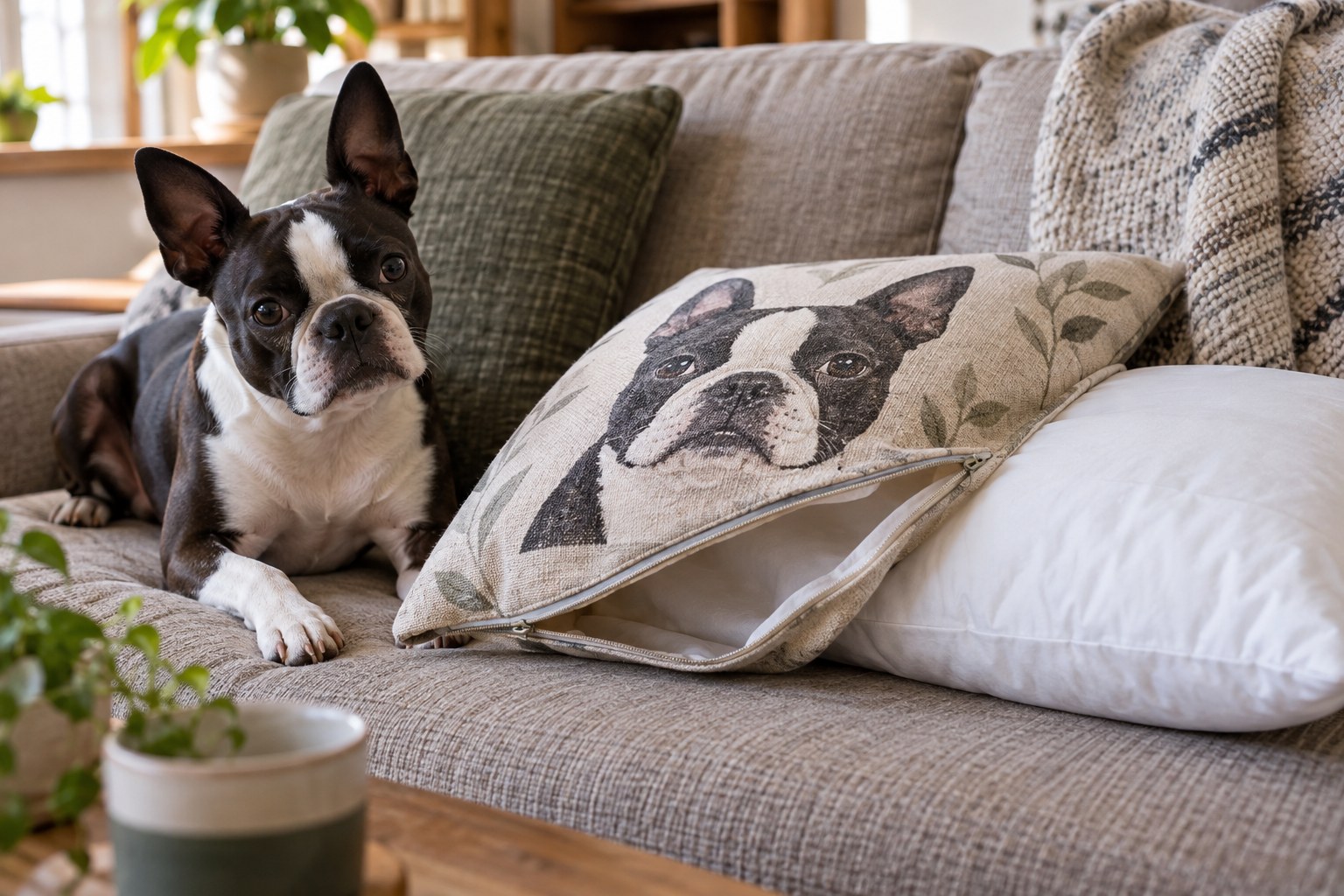 Boston Terrier illustrated cushion cover partly unzipped beside a separate white cushion insert on a sofa, zip and fabric weave visible.
