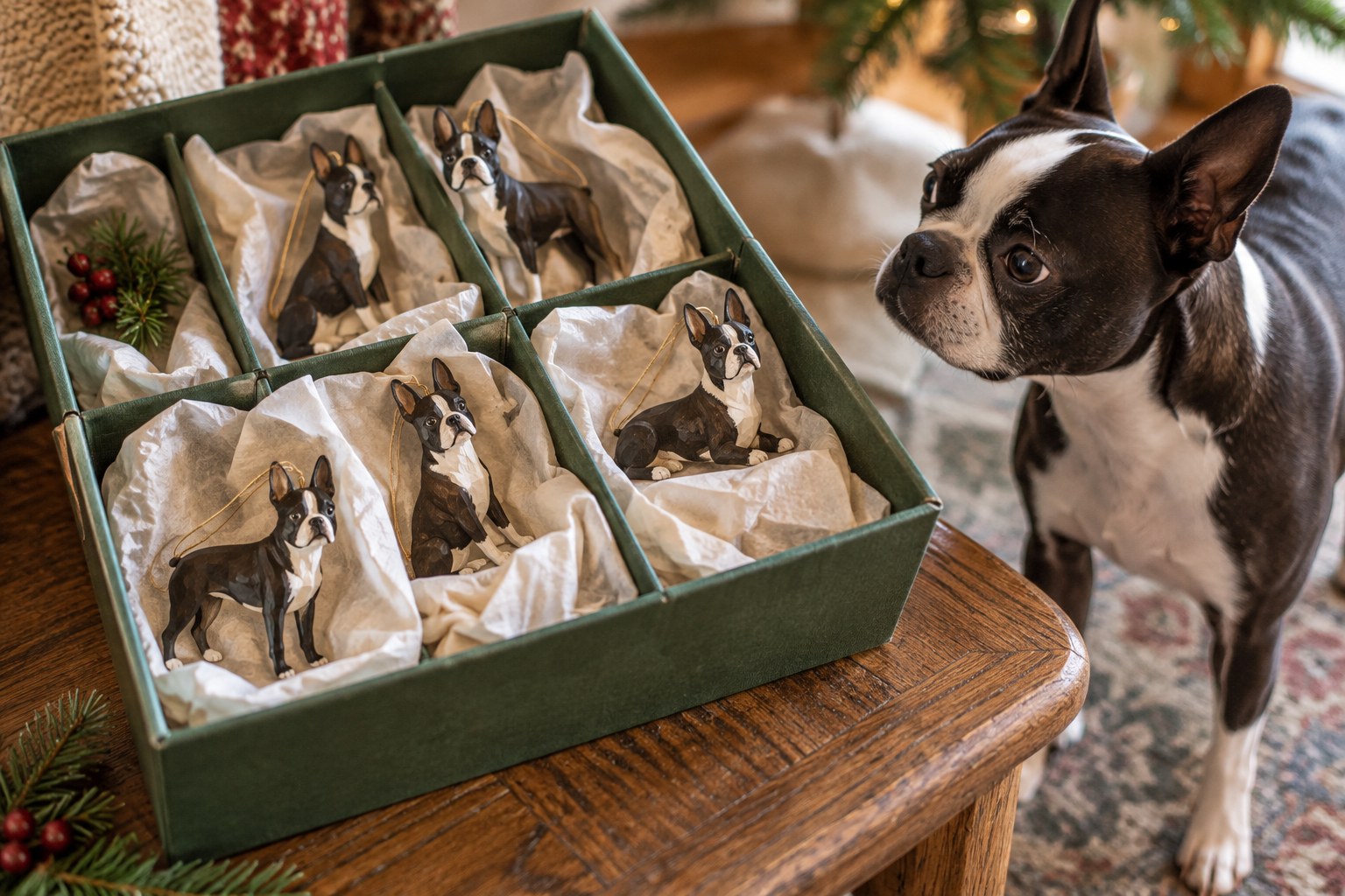 Original small wooden Boston Terrier hanging ornaments resting in separate tissue-lined compartments of a reusable storage box.