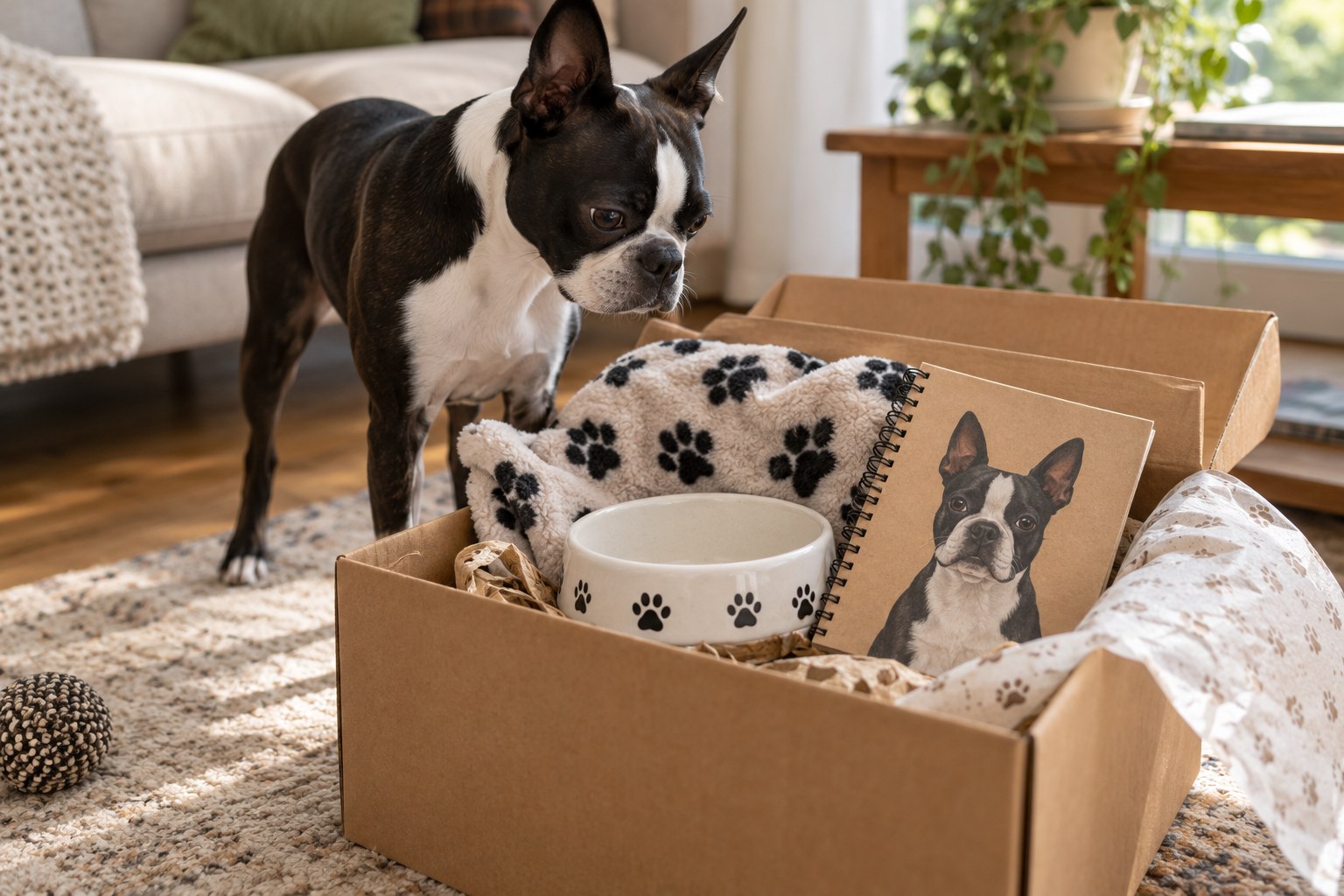 Thoughtful new dog household gift of washable blanket, bowl and original Boston Terrier notebook in an open box, no claim of rescue identity.