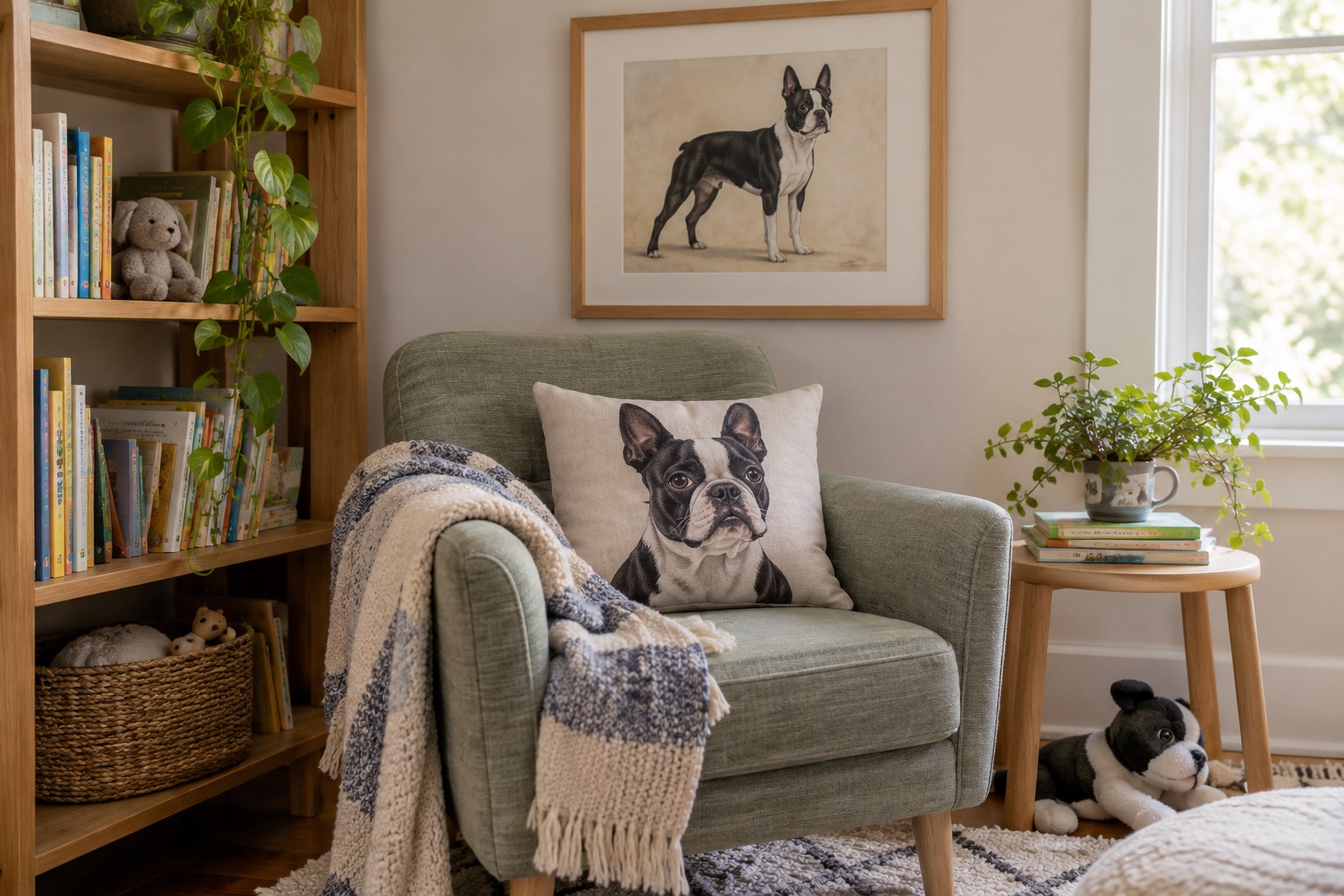 A child's reading corner with original Boston Terrier art in a secured light frame and a breed-themed soft cushion on a chair