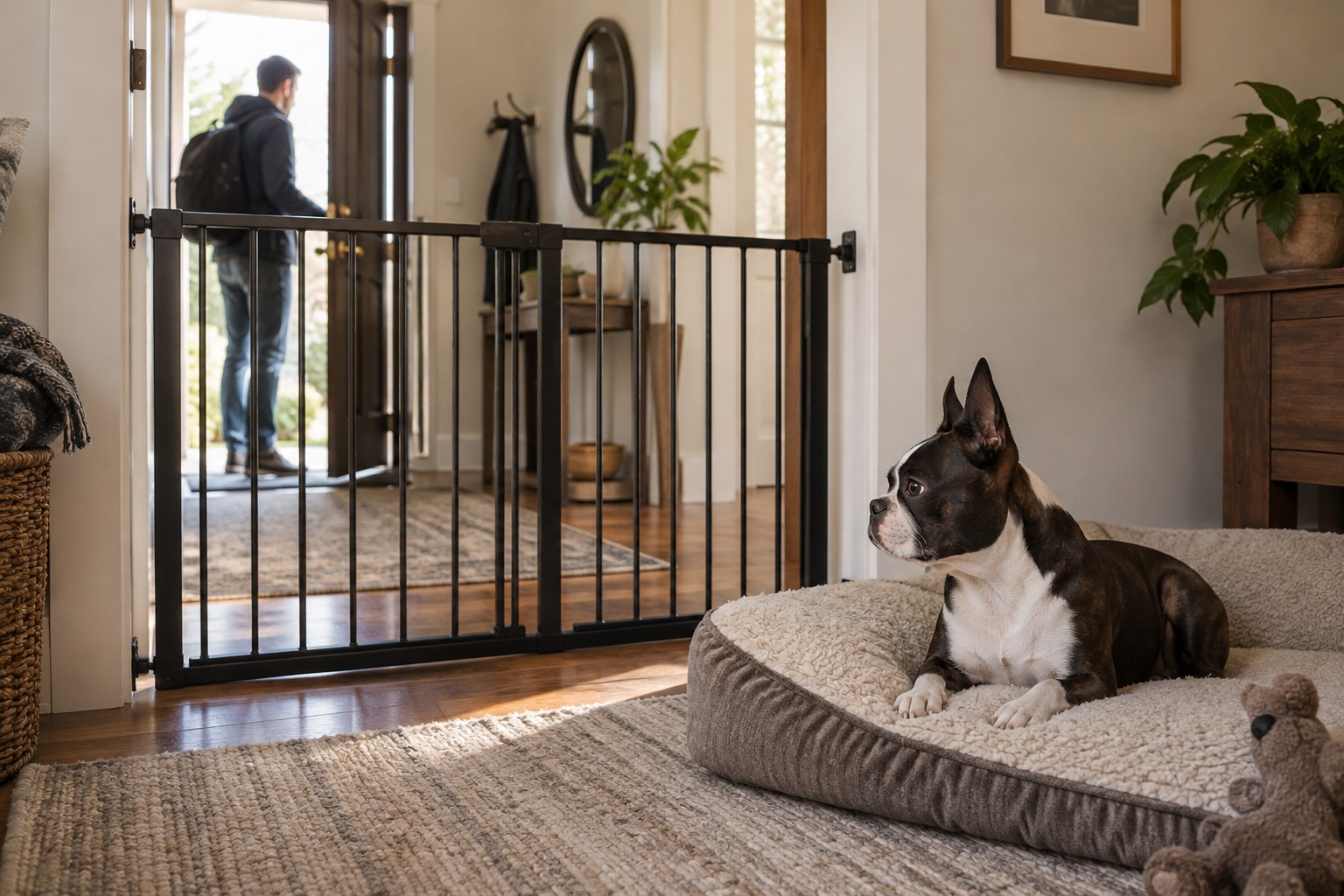 A secure dog gate dividing an entry area from a quiet resting space with Boston Terrier on its bed, one adult visitor at the distant doorway.