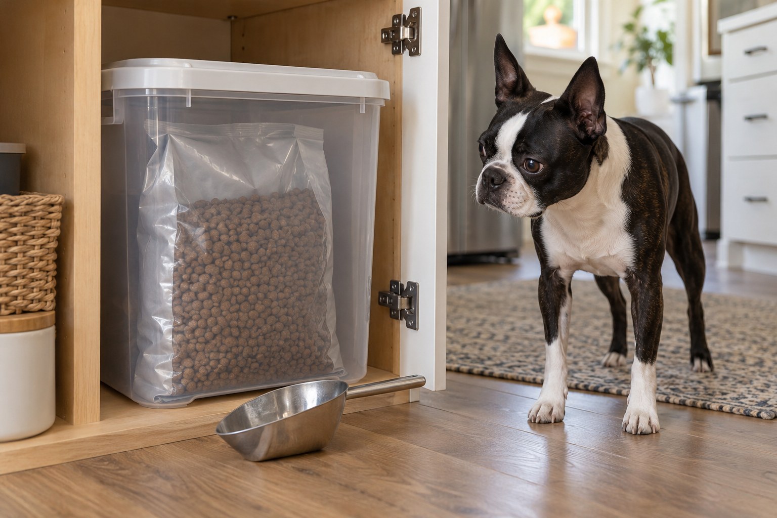 A sealed original dog food bag kept inside a clean lidded food storage bin, scoop separate, kitchen cupboard setting, no brands or readable labels.