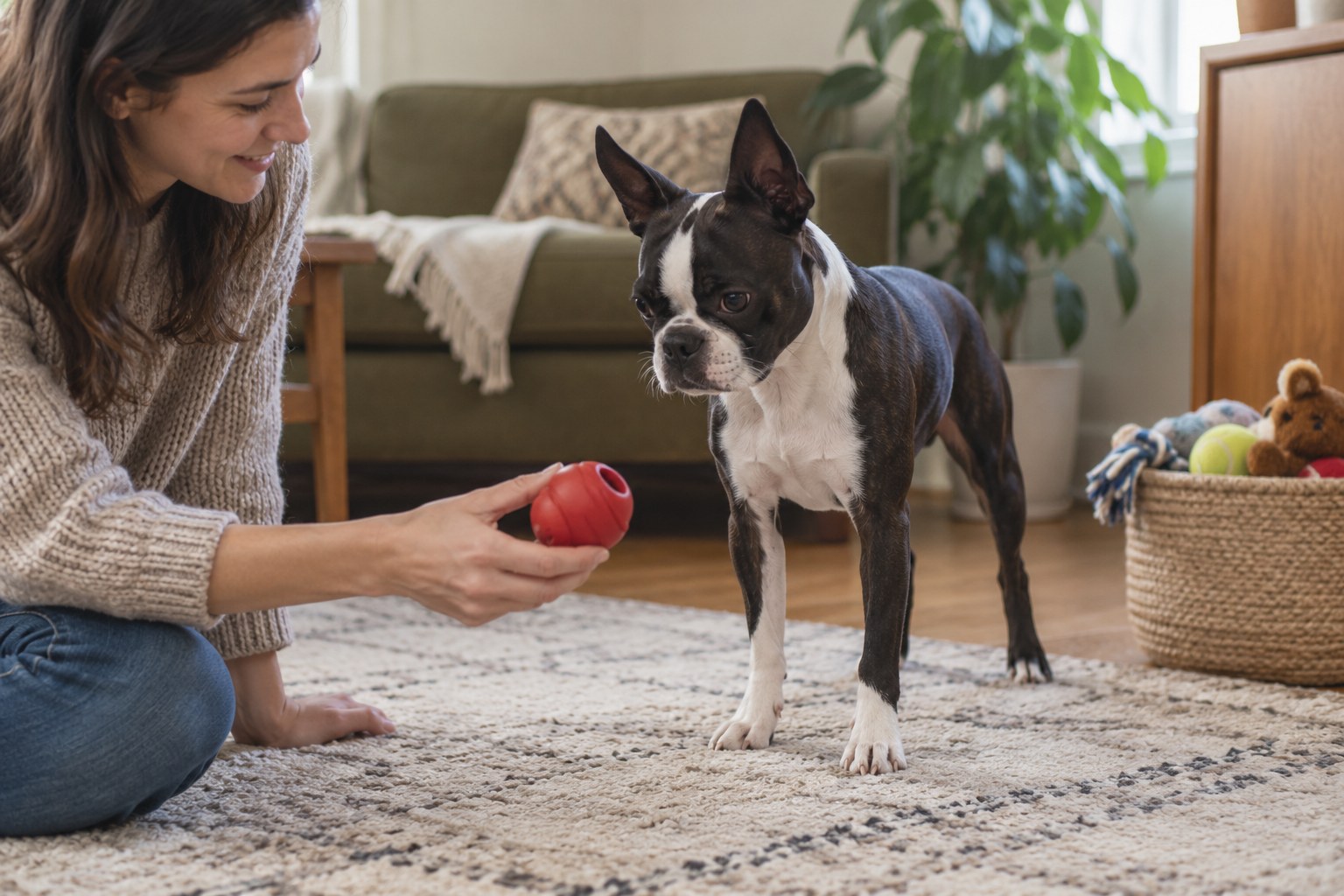Owner introducing one new plain rubber toy to a calm Boston Terrier on the floor, old toys stored out of the immediate play area.