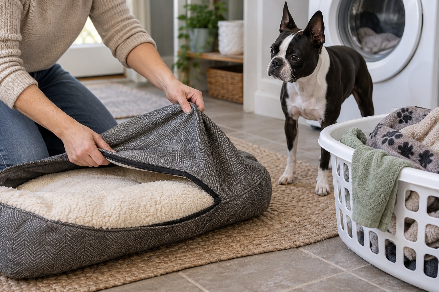 Hands removing a washable dog bed cover beside a laundry basket with dog blankets, domestic utility room, dog safely away from washer.