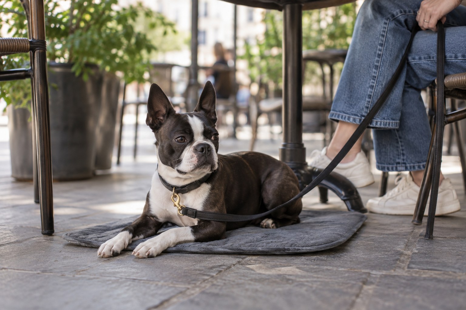 Boston Terrier settled on its own mat under an outdoor cafe table, loose leash held by owner, clear aisle space, no branding or food near dog.