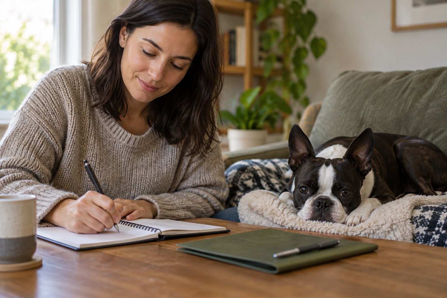 Owner writing observations in a notebook beside a resting Boston Terrier, small folder and pen on table, no medication or invented test results.