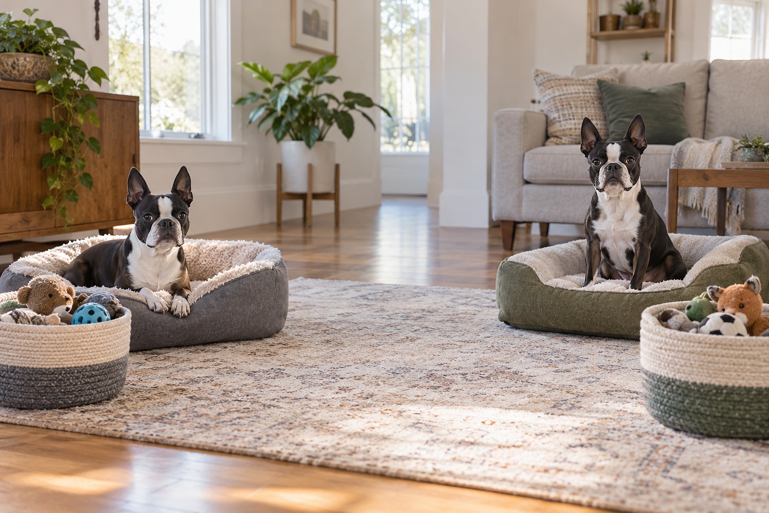Two Boston Terriers in a spacious room with two separate beds and individual toy baskets, both calm and with generous distance between them.