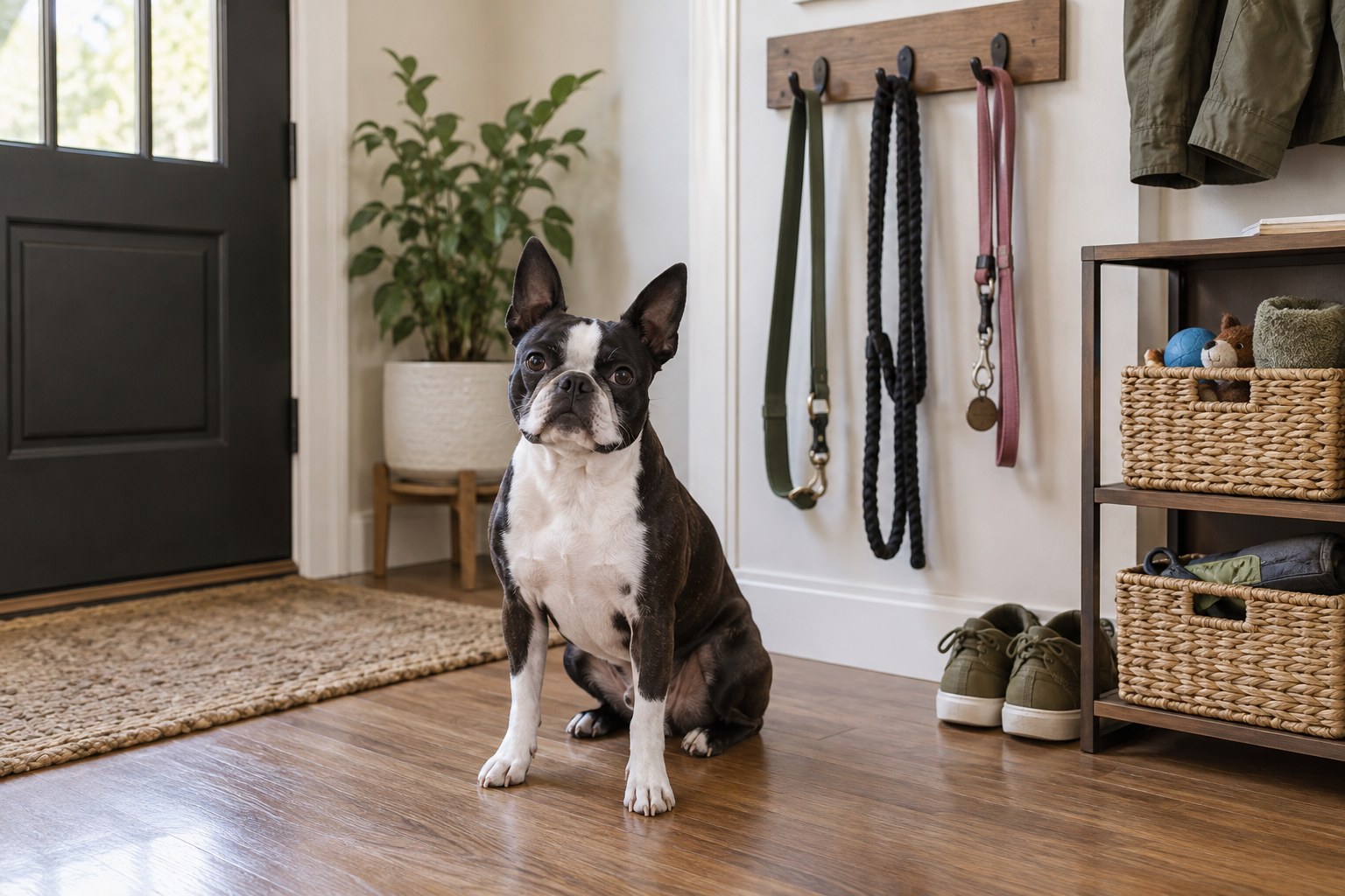 Compact apartment entry with a slim wall rack for leashes and small stacked baskets for dog gear, Boston Terrier sitting on clear floor space.