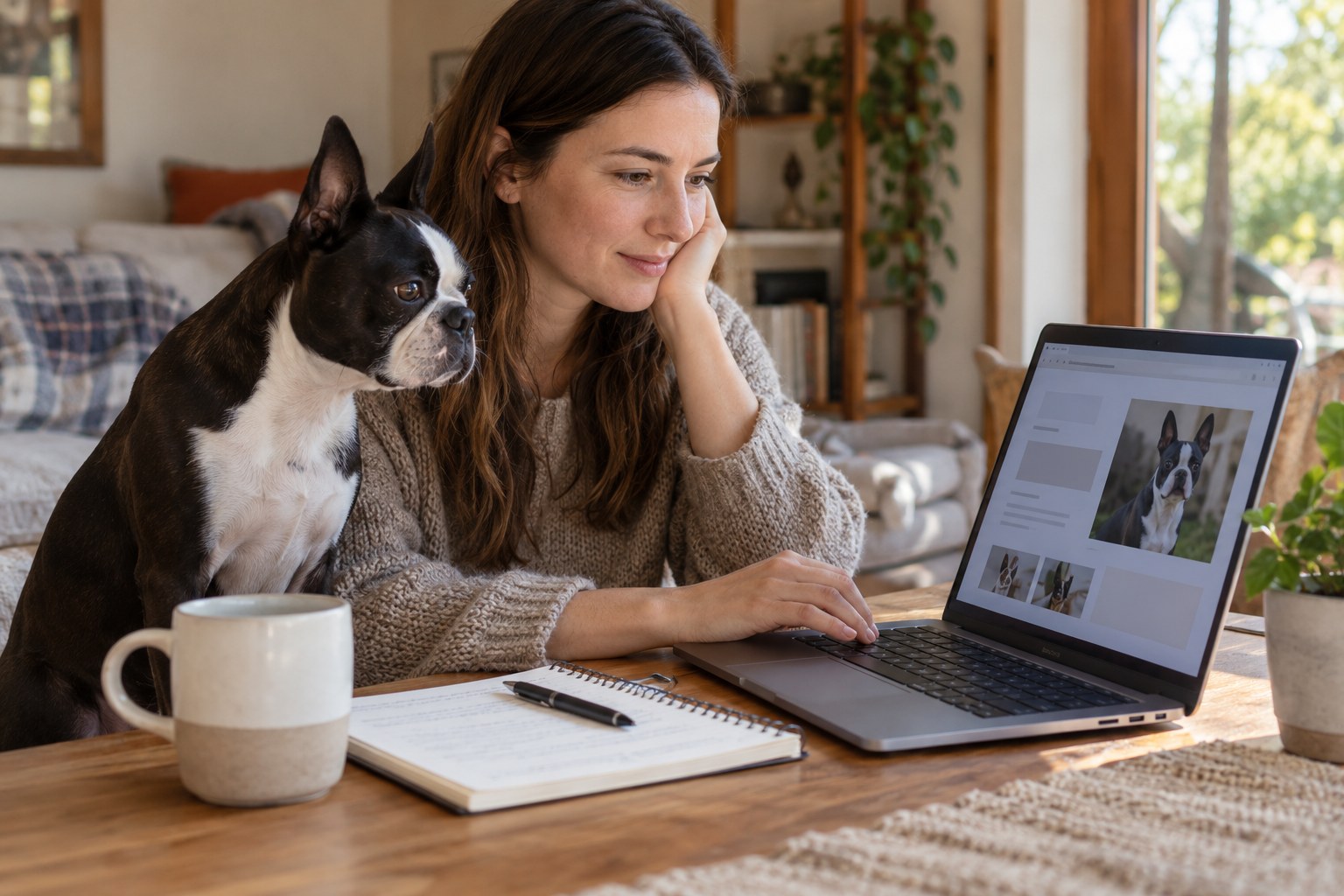 Laptop and notebook used to research dog rescue contacts, a generic browser page with simple blocks and Boston Terrier photograph, no organisation names or availability claims.