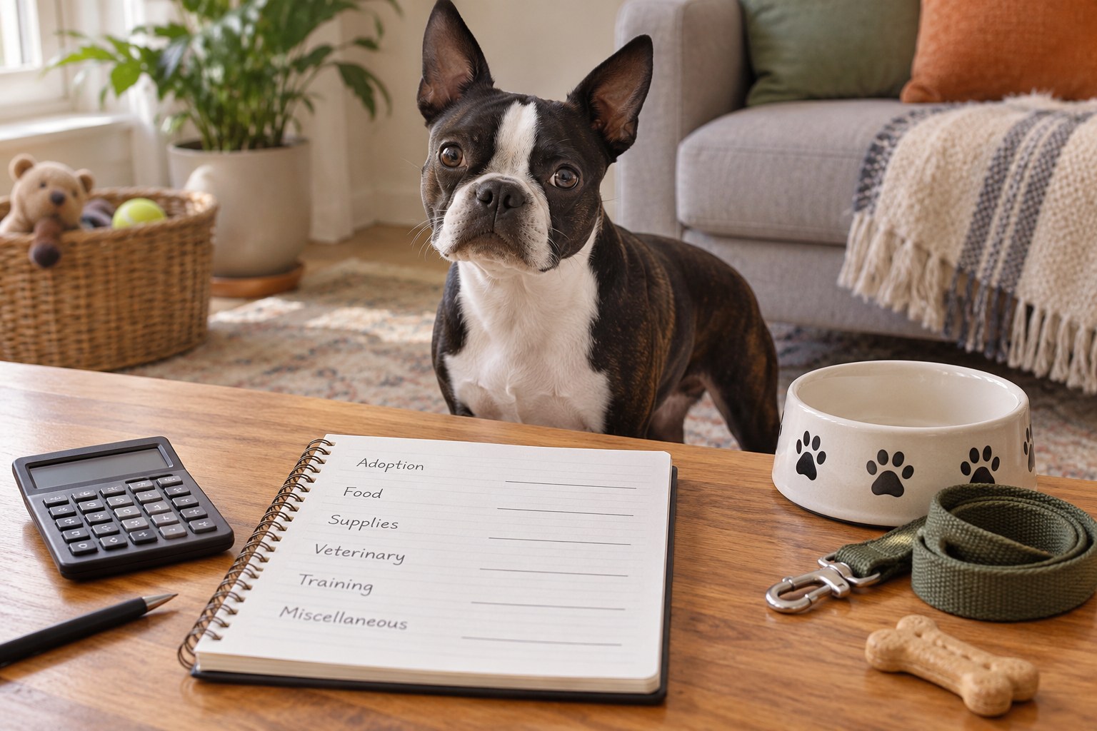 Dog adoption budgeting still life: calculator, budget notebook, bowl and leash with separate cost columns as abstract lines, no currency figures.
