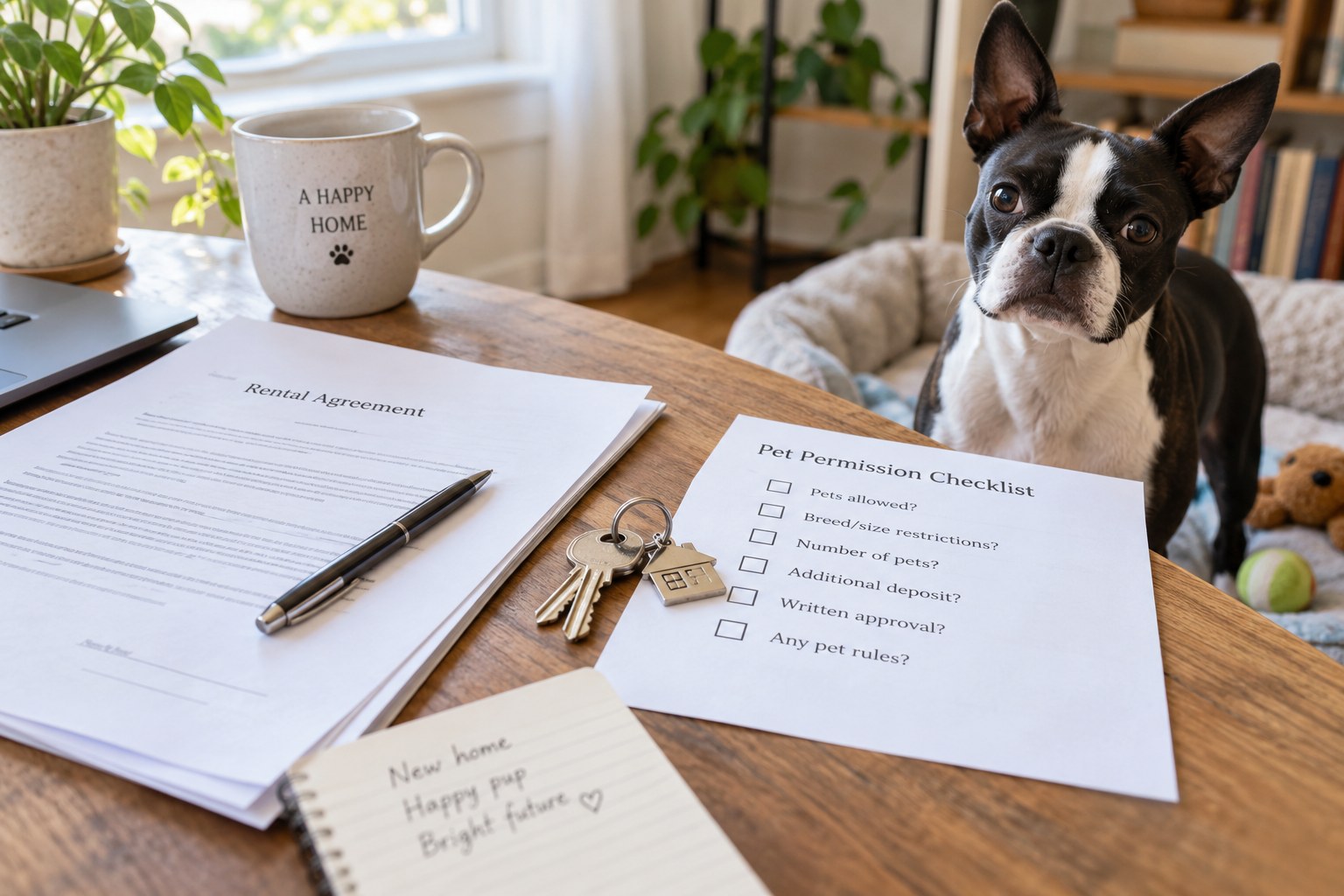 A rental agreement, pet-permission checklist and keys lie on a table beside a Boston Terrier's resting area.