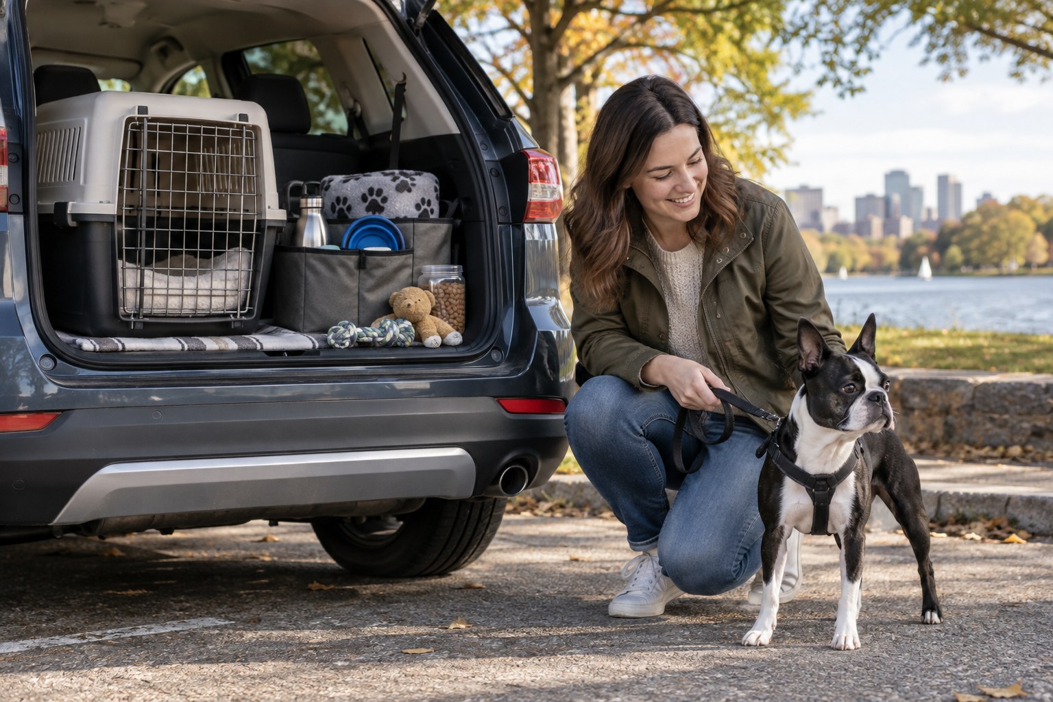 A Boston Terrier on a lead waits with an adult beside a parked car containing a pet carrier and travel supplies.