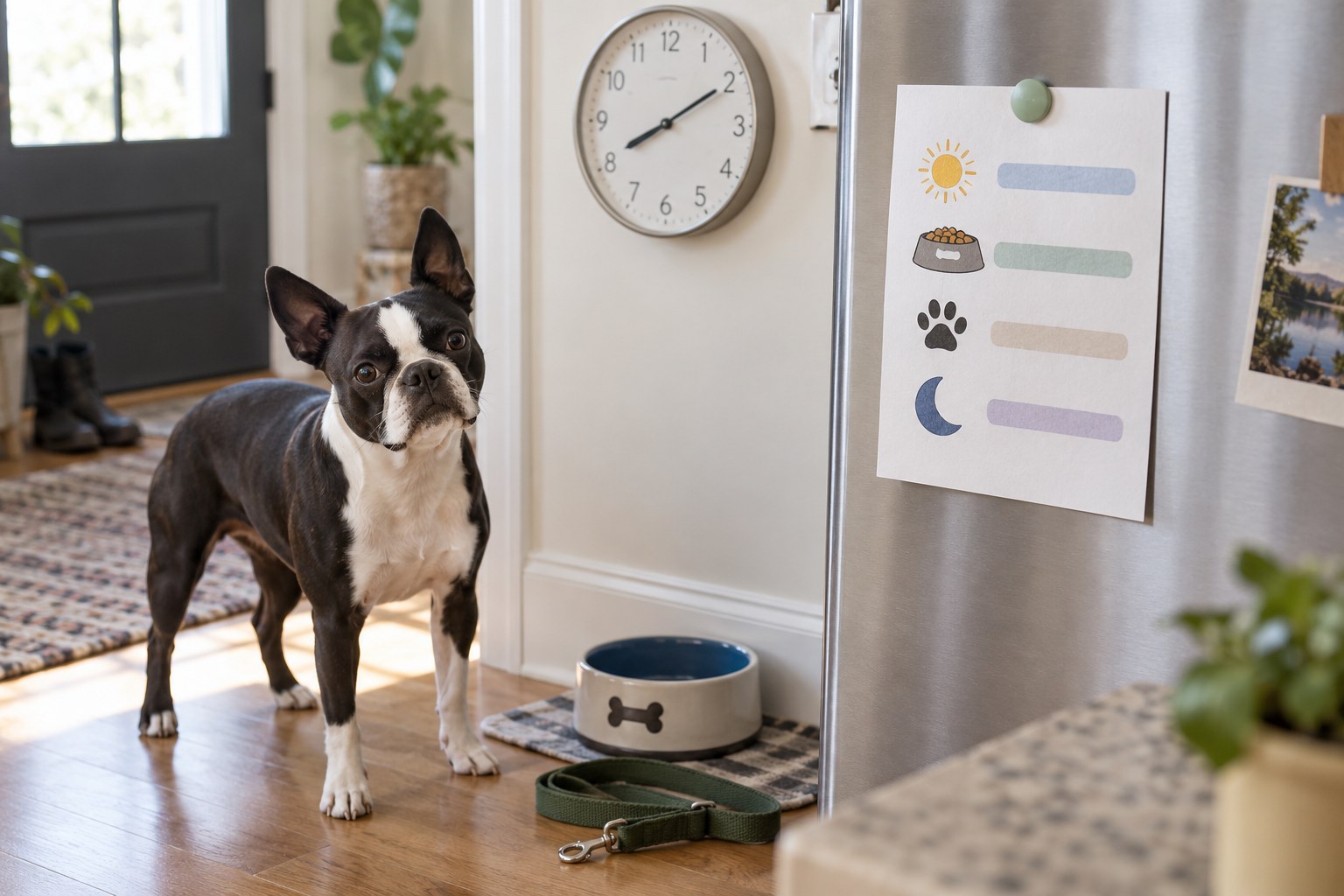 A simple household routine note and wall clock hang above a dog bowl and folded lead.