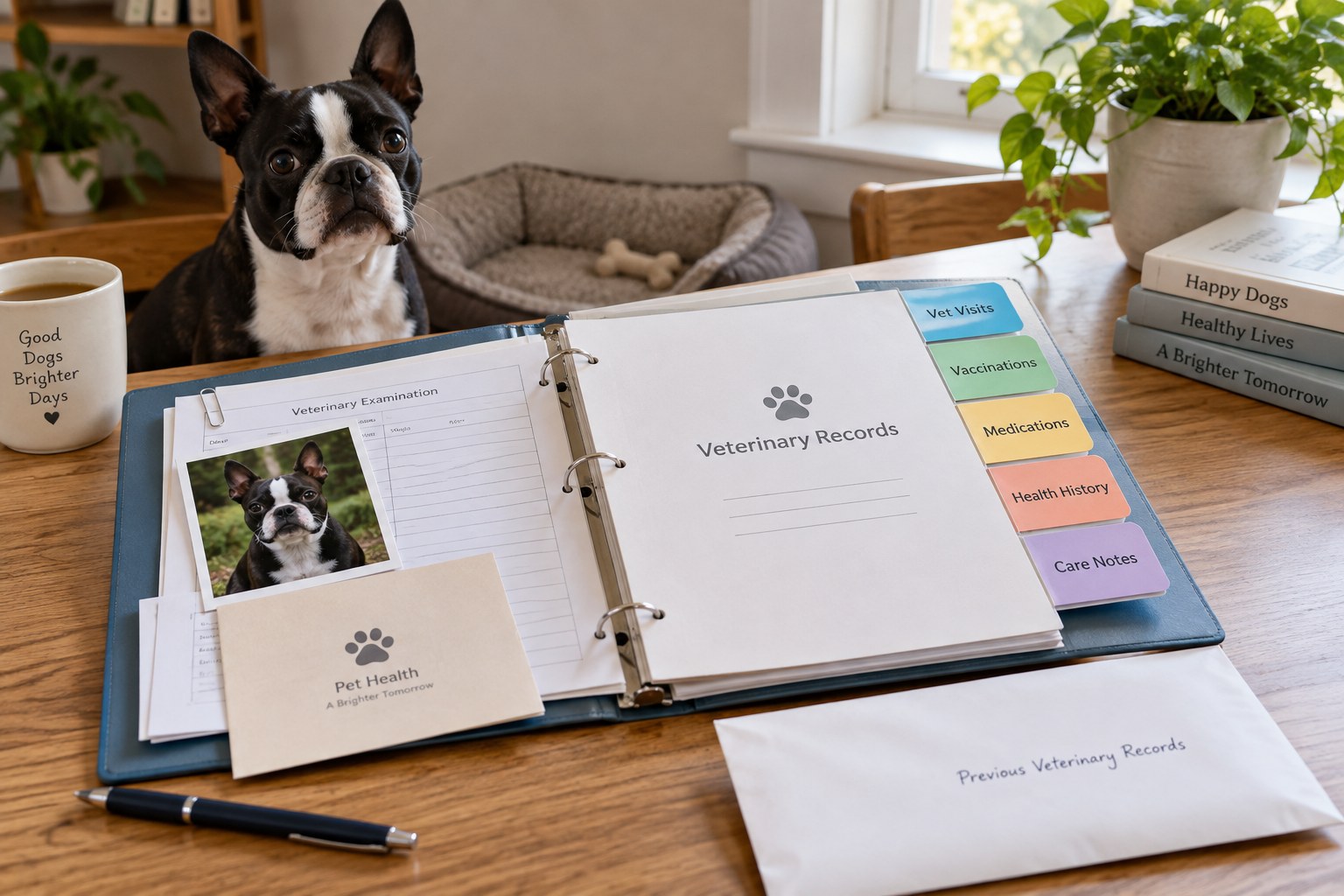 A ring binder with veterinary-record dividers and a Boston Terrier photograph is organised on a table.