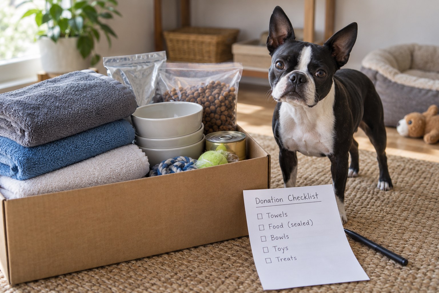 A box of clean towels, bowls and pet supplies sits beside a donation checklist and a Boston Terrier.