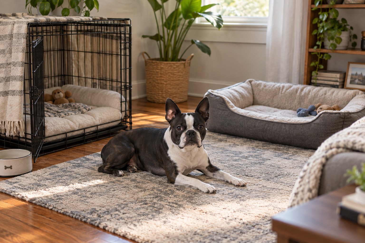 A Boston Terrier rests between an open cushioned crate and a separate floor bed.