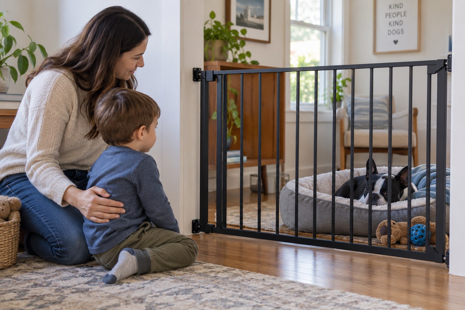 An adult guides a child to leave space for a Boston Terrier resting behind a household gate.