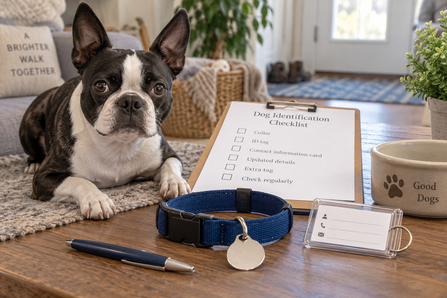 A collar with a blank tag, contact-card sleeve and identification checklist lie on a table.