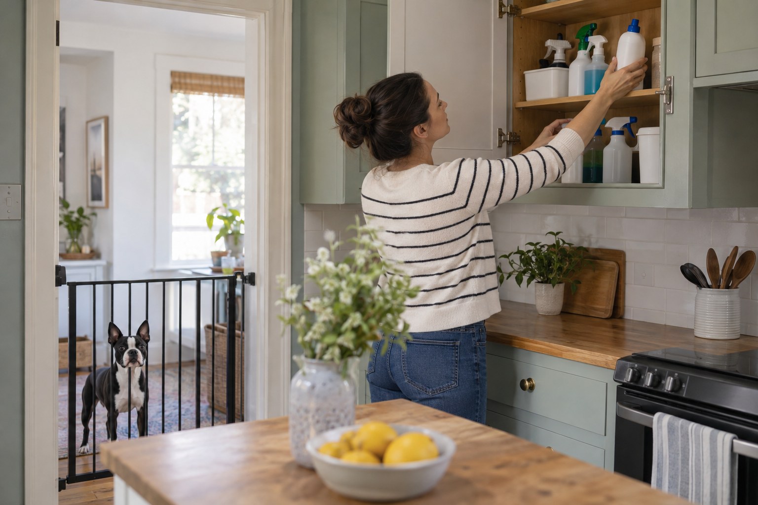 An adult puts cleaning bottles into a high cupboard while a Boston Terrier remains behind a gate.