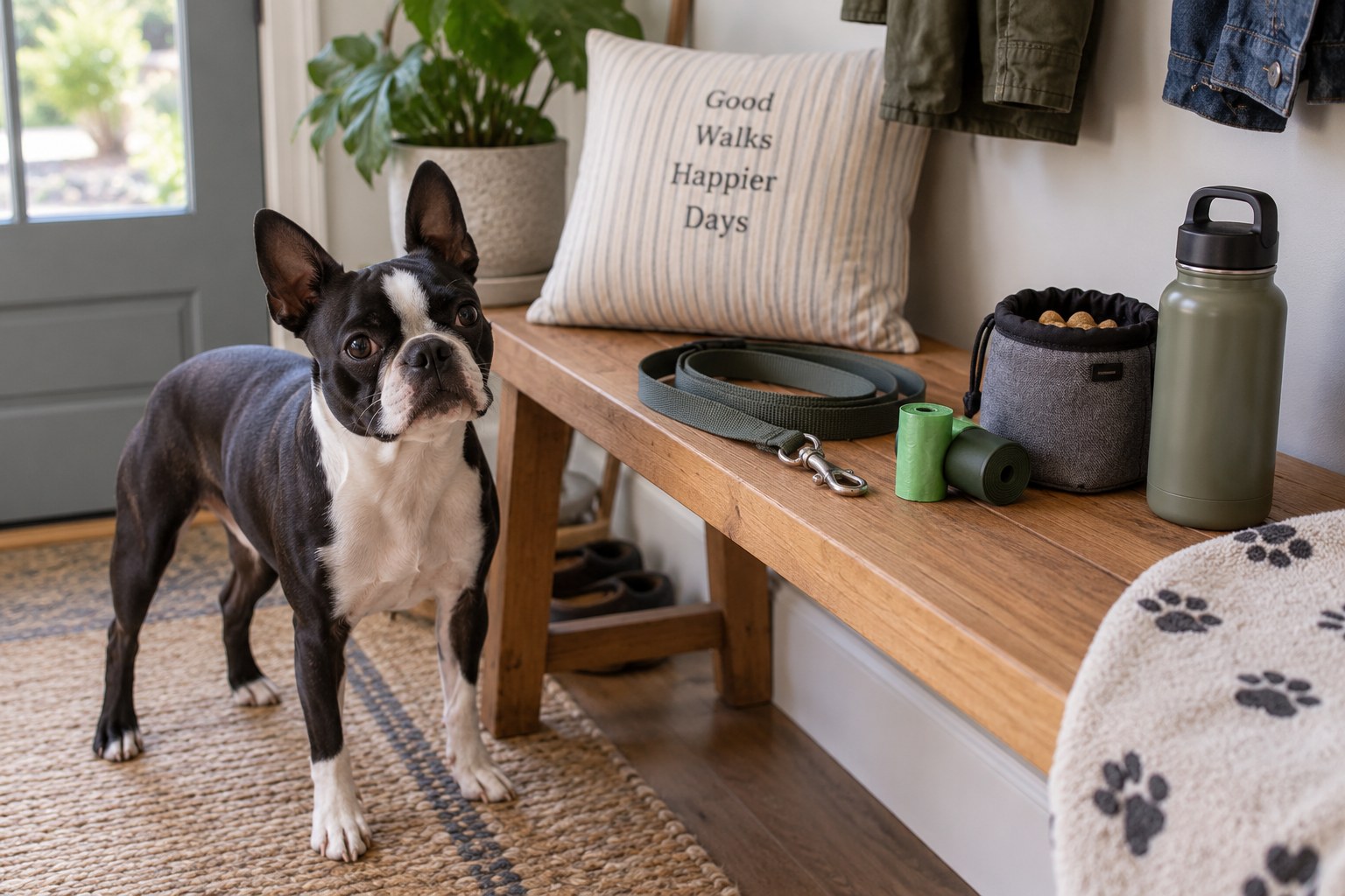 A lead, waste bags, treat pouch and water bottle are arranged on an entry bench beside a Boston Terrier.