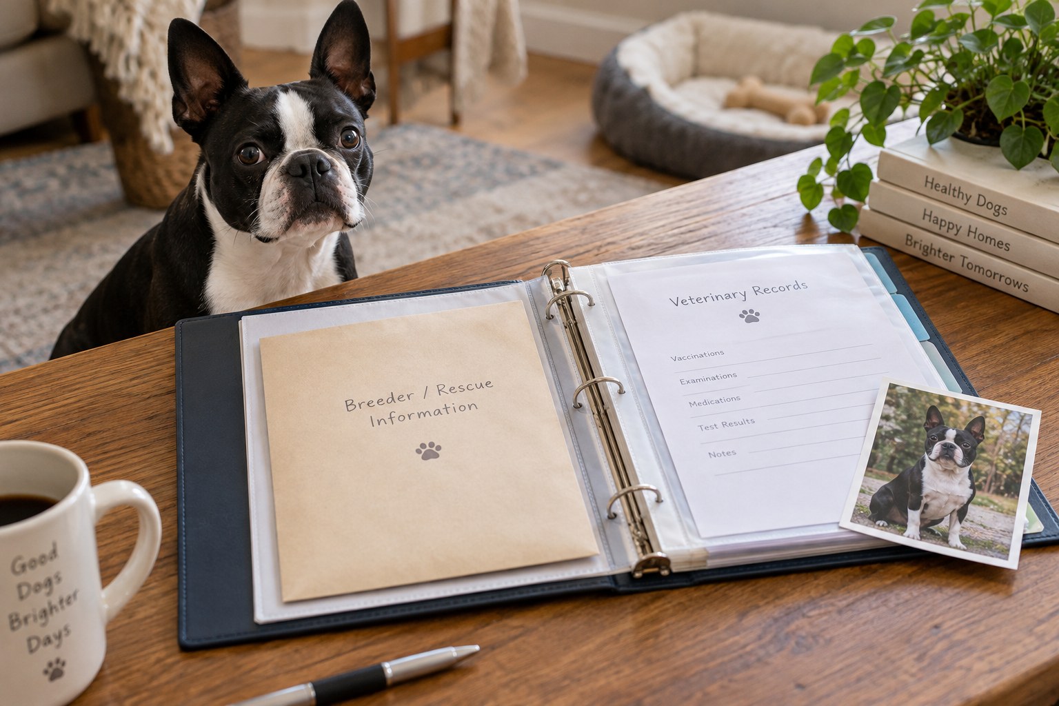 Breeder or rescue information and veterinary records are stored together in a dog-record binder.