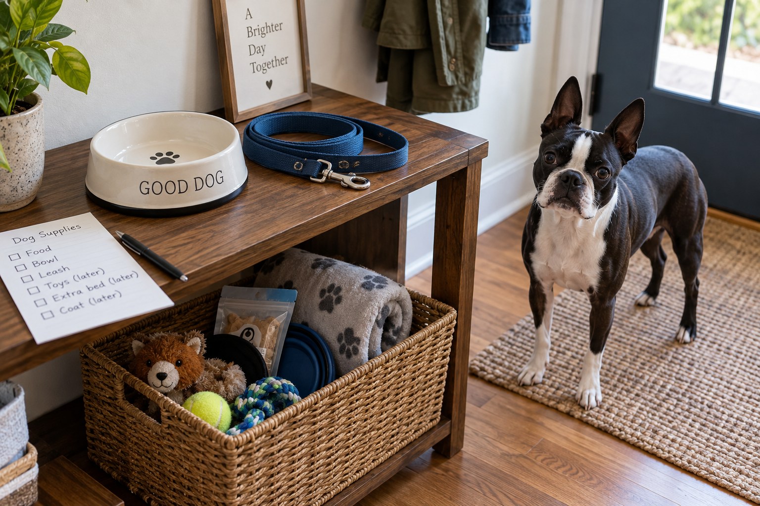A bowl and lead are ready on an entry shelf while optional toys and accessories remain in a basket.