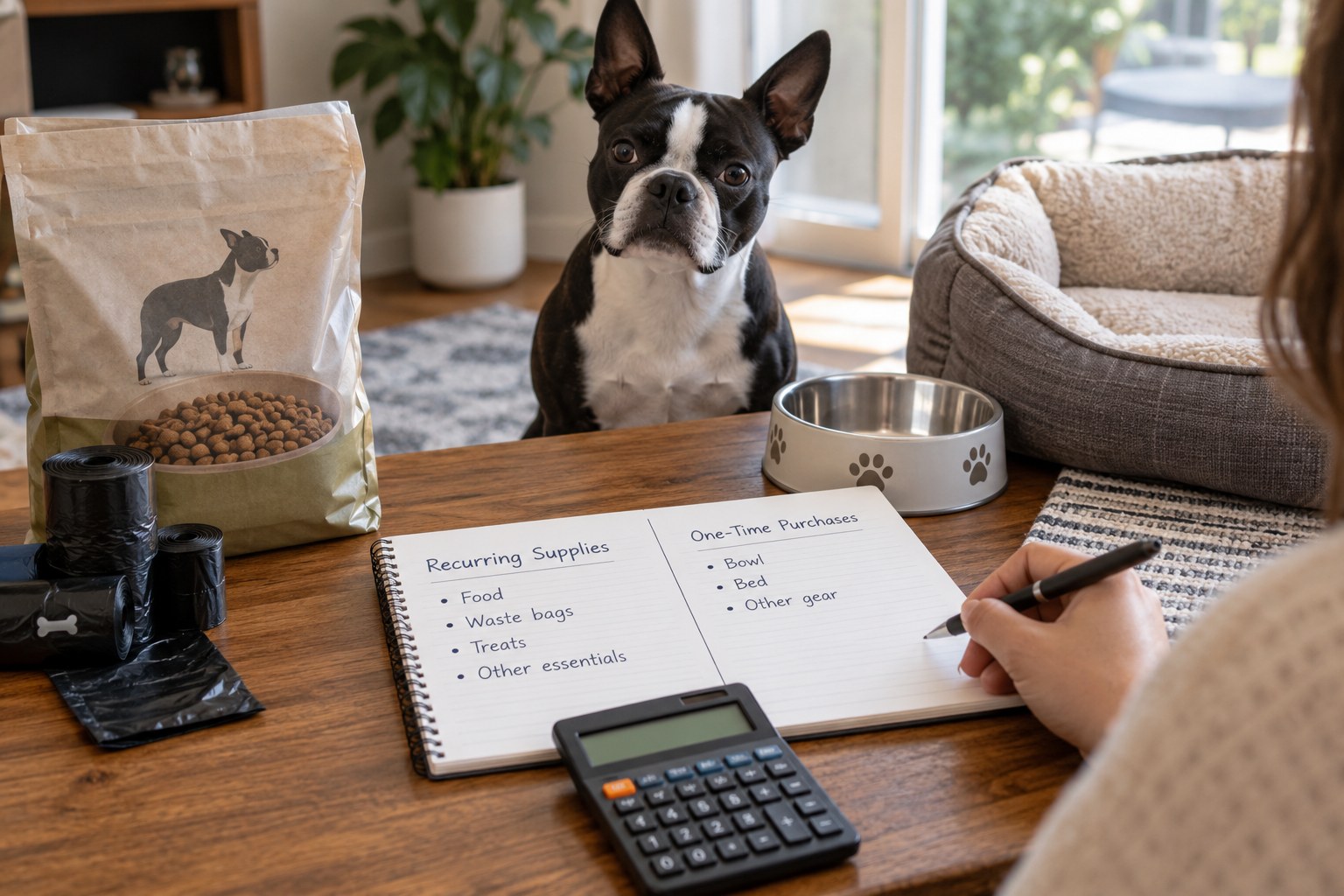 A calculator and notebook compare recurring dog supplies with initial purchases beside bowls and a dog bed.